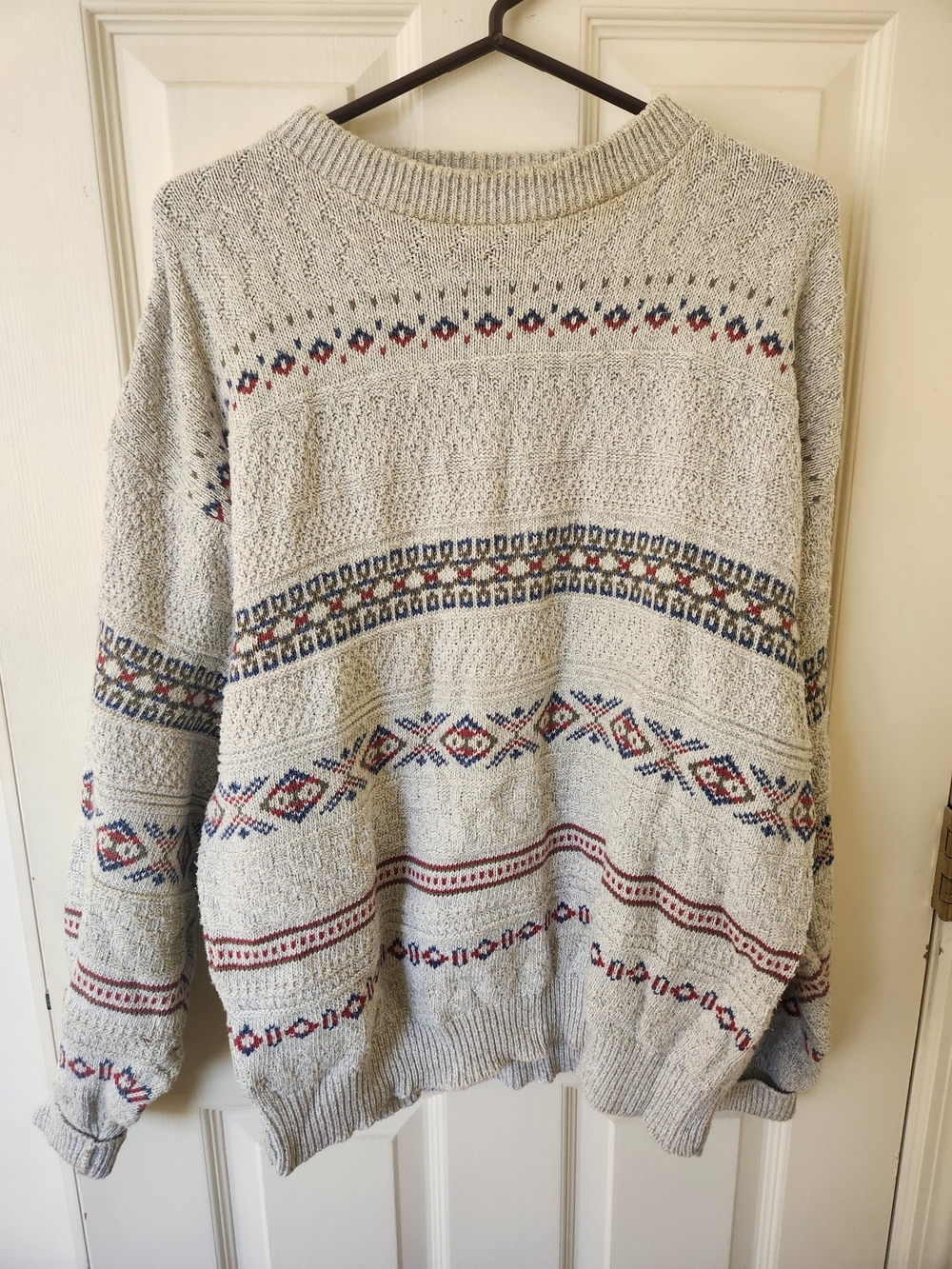 Men's Cream Knit Crewneck Sweater with Red & Navy Fair Isle Pattern